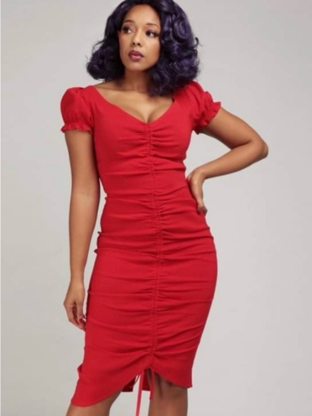 Collectif Leilani Red Ruched Midi Dress with Puff Sleeves
